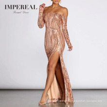 Off The Shoulder Sequin 2019 Gold Woman Evening Dresses With Long Sleeves